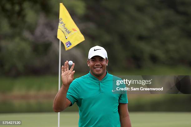 Jhonattan Vegas of Venezuela acknowledges the crowd after his hole-in-one on the seventeenth hole during the second round of the Barbasol...