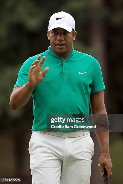 Jhonattan Vegas of Venezuela acknowledges the crowd after his birdie on the fifteenth hole during the second round of the Barbasol Championship at...