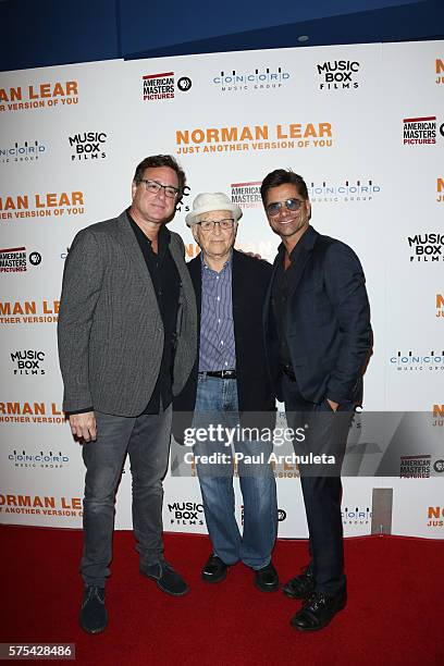 Bob Saget, Norman Lear and John Stamos attend the premiere "Norman Lear: Just Another Version Of You" at The WGA Theater on July 14, 2016 in Beverly...