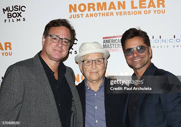 Bob Saget, Norman Lear and John Stamos attend the premiere "Norman Lear: Just Another Version Of You" at The WGA Theater on July 14, 2016 in Beverly...