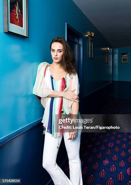 Singer and actress Sophie Auster is photographed for Madame Figaro on March 2, 2016 at Hotel Le Grand Amour in Paris, France. Clothing , bracelet ,...