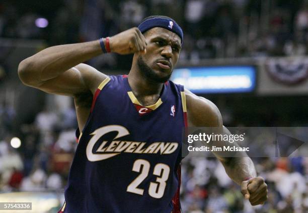 LeBron James of the Cleveland Cavaliers celebrates late in game six of the Eastern Conference Quarterfinals against the Washington Wizards during the...
