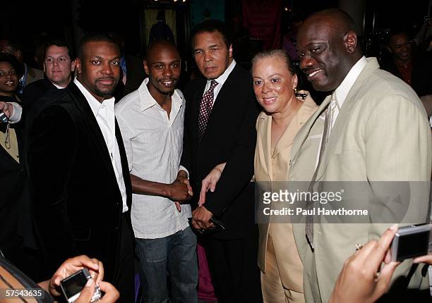 Actors Chris Tucker, Dave Chappelle, boxing great Muhammad Ali, wife Yolanda Williams and Barry Donalson attends the Grand Gala Hilton VIP reception...