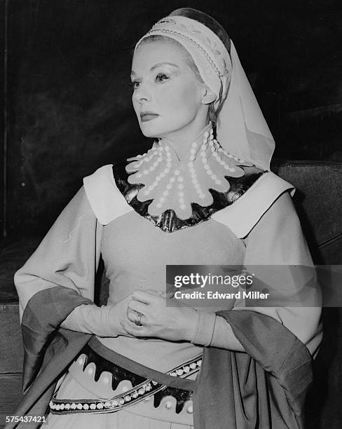 Actress Ann Todd in costume as Lady Percy during rehearsals for the Shakespeare play 'Henry IV' at the Old Vic Theatre, London, April 26th 1955.