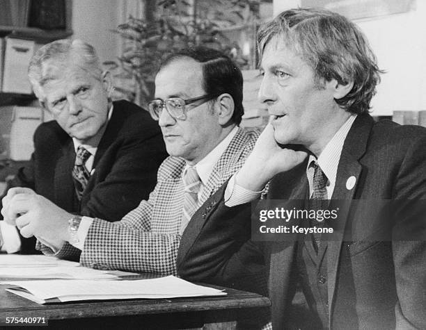 Former political prisoners Garfield Todd, former Prime Minister of Rhodesia, Mumtaz Soysal of Turkey and Lord Avebury , at a press conference...