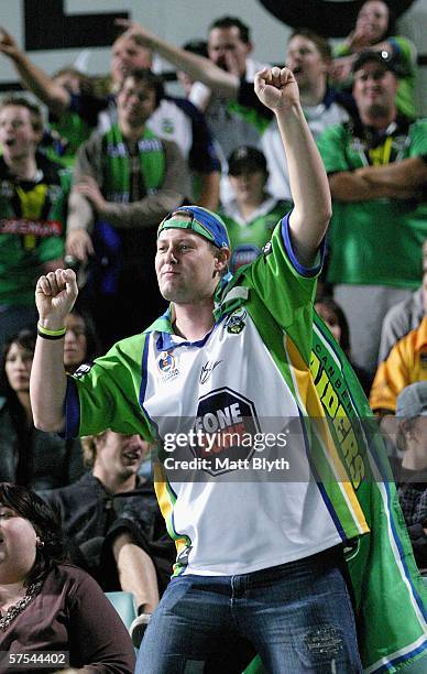 Raiders fan celebrates a try during the round nine NRL match between the Parramatta Eels and the Canberra Raiders at Parramatta Stadium May 6, 2006...