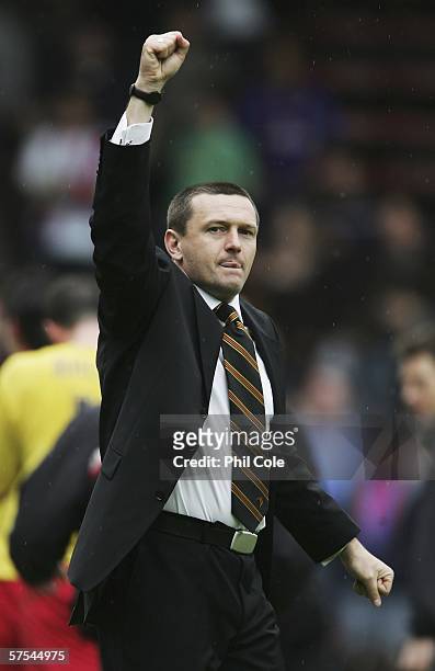 Adrian Boothroyd the Watford manager acknowledges the travelling Watford fans after the Coca-Cola Championship Play-Off Semi-Final, First Leg match...