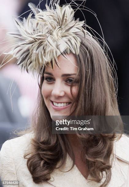 Kate Middleton, girlfriend of Prince Willliam, attends the marriage of Laura Parker-Bowles and Harry Lopes at St CyriacOs Church, Lacock, on May 6,...