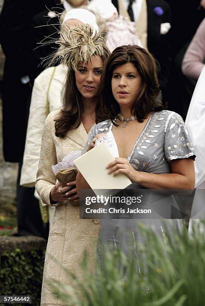 Girlfriend of Prince William, Kate Middleton and a guest leave Laura Parker Bowles wedding to Harry Lopes at St Cyriac's Church, Lacock on May 6,...