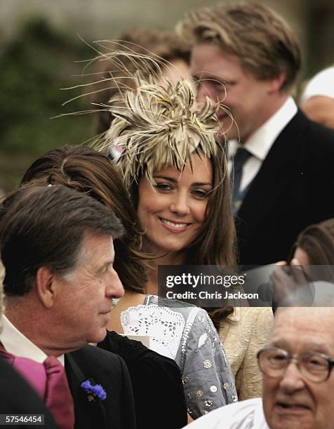 Girlfriend of Prince William Kate Middleton leaves Laura Parker Bowles wedding to Harry Lopes at St Cyriac's Church, Lacock on May 6, 2006 in...