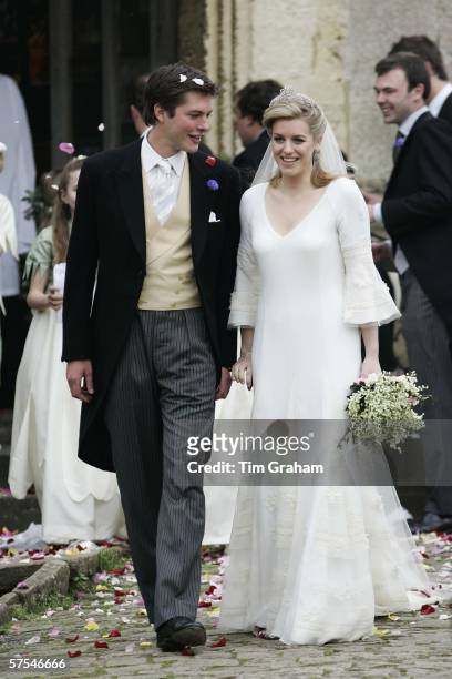 Bride and groom, Laura Parker-Bowles and Harry Lopes are covered in confetti at their wedding ceremony at St Cyriac's Church, Lacock, on May 6, 2006...