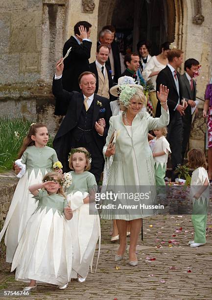 Camilla, Duchess of Cornwall, Prince Charles, Prince of Wales, Andrew Parker Bowles and other guests depart the wedding of Laura Parker Bowles and...