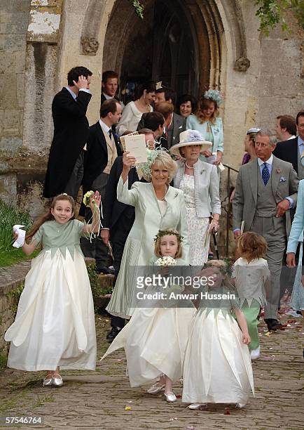 Camilla, Duchess of Cornwall, Prince Charles, Prince of Wales, Andrew Parker Bowles and other guests depart the wedding of Laura Parker Bowles and...
