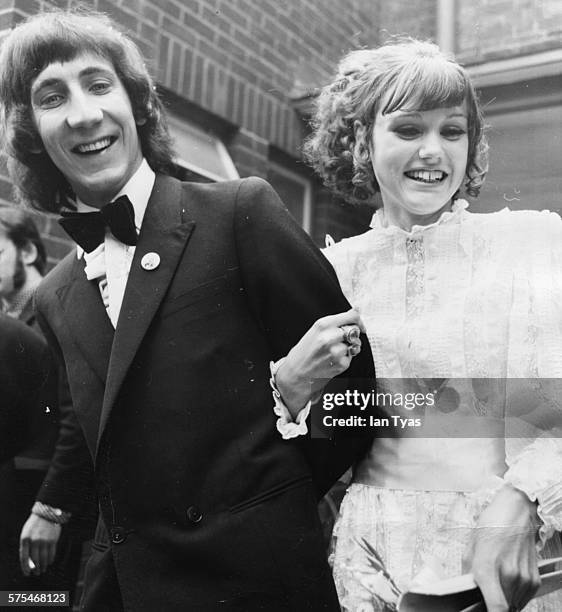 Musician Pete Townshend, of the rock band 'The Who', pictured with his bride Karen Astley on their wedding day, outside Didcot Registry Office,...