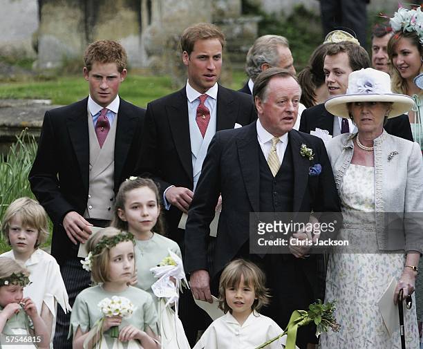 Prince Harry, Prince William and Andrew Parker Bowles leave the wedding of Laura Parker Bowles to Harry Lopes at St Cyriac's Church, Lacock on May 6,...