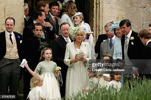 Andrew Parker Bowles, Camilla, Duchess of Cornwall and Charles, Prince of Wales leave Laura Parker Bowles wedding to Harry Lopes at St Cyriac's...