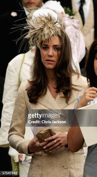Girlfriend of Prince William Kate Middleton leaves Laura Parker Bowles wedding to Harry Lopes at St Cyriac's Church, Lacock on May 6, 2006 in...