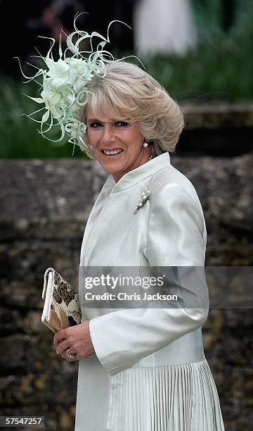 Camilla Duchess of Cornwall arrives for Laura Parker Bowles wedding to Harry Lopes at St Cyriac's Church, Lacock on May 6, 2006 in Wiltshire,...