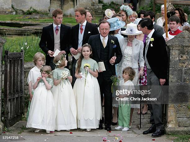 Prince Harry, Prince William and Andrew Parker Bowles leave the wedding of Laura Parker Bowles to Harry Lopes at St Cyriac's Church, Lacock on May 6,...