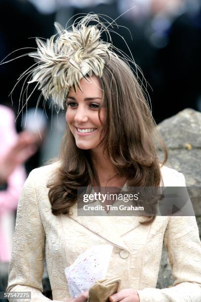 Kate Middleton, girlfriend of Prince William is seen at the wedding of Laura Parker Bowles and Harry Lopes at St Cyriac's Church, Lacock on May 6,...