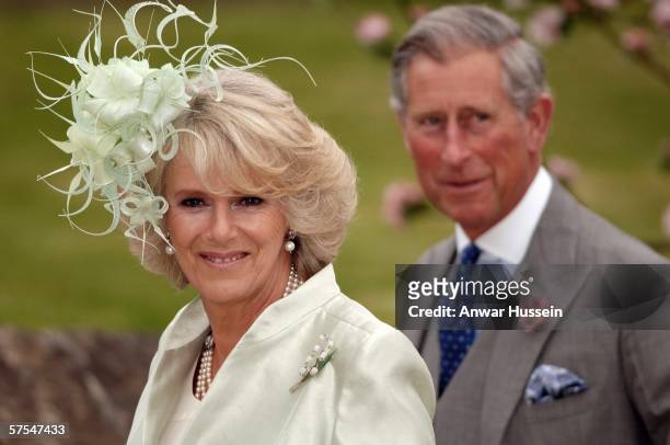 Charles, Prince of Wales and Camilla, Duchess of Cornwall arrive for the wedding of Laura Parker Bowles and Harry Lopes at St Cyriac's Church, Lacock...