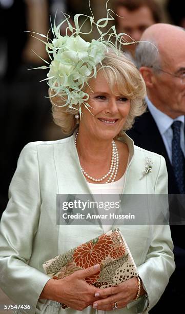 Camilla, Duchess of Cornwall arrives for the wedding of Laura Parker Bowles and Harry Lopes at St Cyriac's Church, Lacock on May 6, 2006 in...