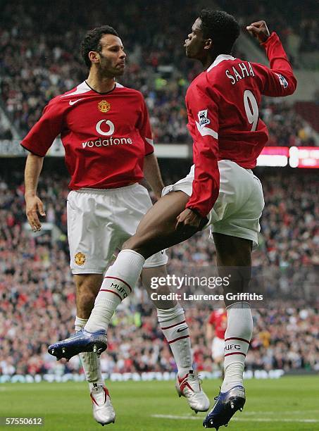 Louis Saha of Manchester United celebrates his goal with Ryan Giggs during the Barclays Premiership match between Manchester United and Charlton...