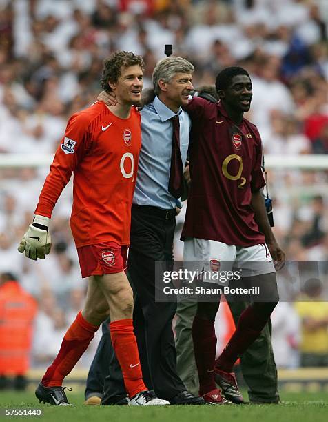 Jens Lehmann, Arsene Wenger and Kolo Toure celebrate at the end of the Barclays Premiership match between Arsenal and Wigan Athletic at Highbury on...