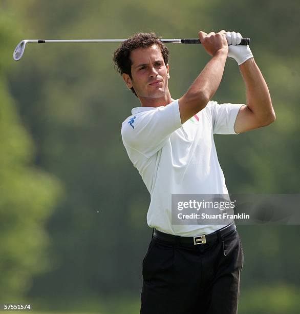 Matteo Delpodio of Italy plays his approach shot on the second hole during the final round of The Telecom Italian Open Golf at The Castello Di...