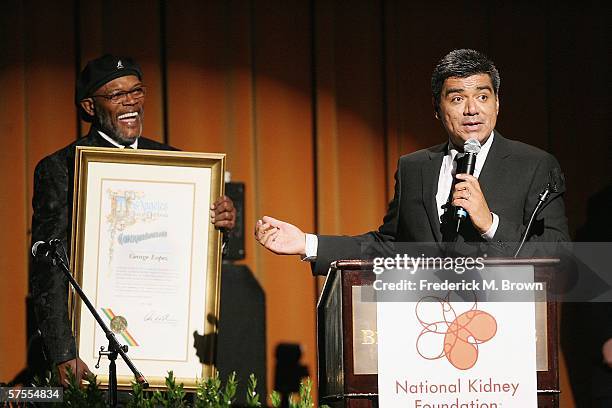 Actor Sameul L. Jackson and comedian George Lopez speak during the National Kidney Foundation of Southern California's 27th Annual Gift of Life...
