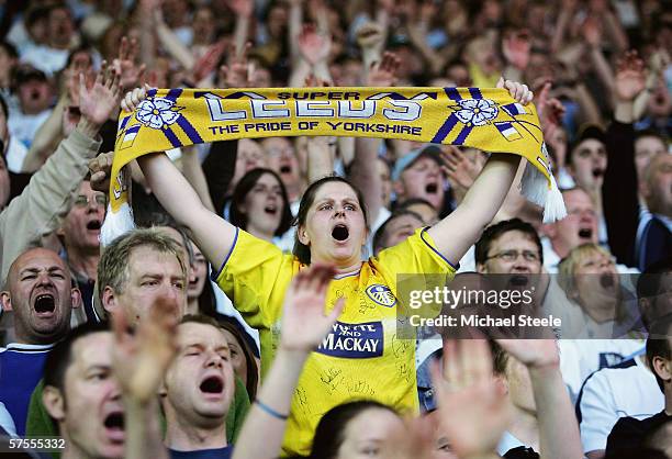 Leeds fans cheer during the Coca-Cola Championship Play-Off Semi-Final,First Leg match between Leeds United and Preston North End at Elland Road on...