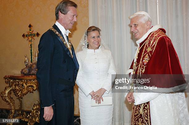 Pope Benedict XVI meets Grand Duke Henri of Luxemburg and Grand Duchess Maria-Teresa of Luxemburg at his private library, May 8 in Vatican City.