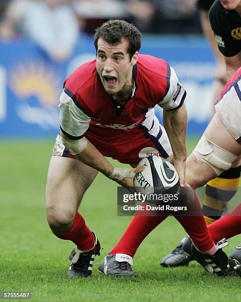 Haydn Thomas of Gloucester passes the ball during the Guinness Premiership match between Gloucester and London Wasps at Kingsholm on May 6, 2006 in...