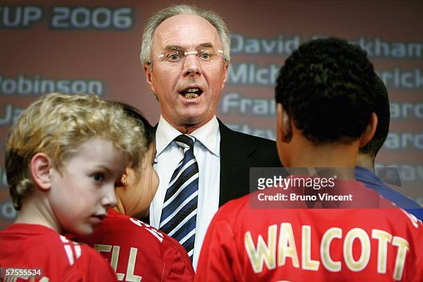 England football team manager Sven Goran Eriksson talks to children dressed in the strips of the newley announced World Cup team on May 8, 2006 in...