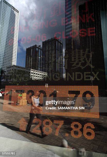 Woman is refected in a window behing which an electronic screen displays the Hang Seng Index in Hong Kong, 08 May 2006. Hong Kong share prices closed...