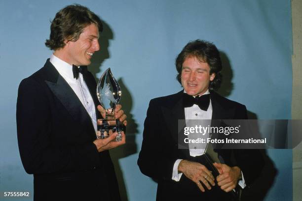 American actors Christopher Reeve and Robin Williams backstage at the People's Choice Awards, March 1979.