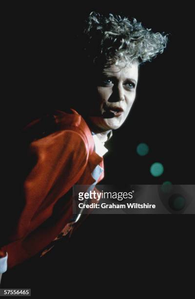 New Zealand-born pop star Alannah Currie in performance with the Thompson Twins, January 1985.