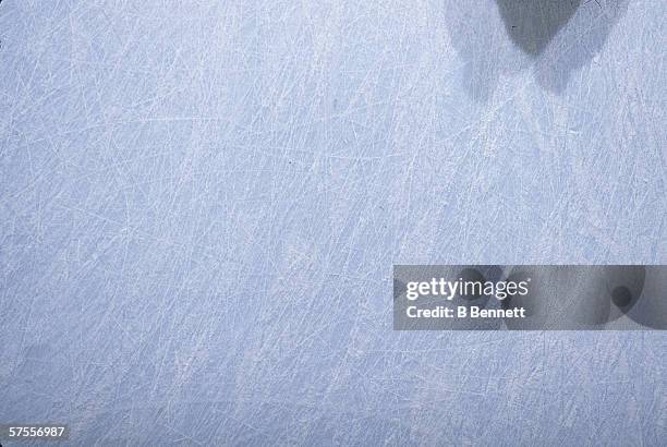 Close-up view of scratched ice on a hockey rink, February 1989.