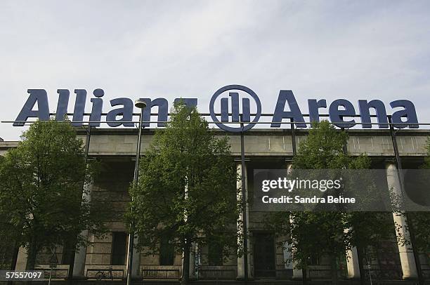 The sign for Allianz Arena, stadium of the two Munich football teams Bayern Munich and 1860 Munich, is seen on the roof of the House of Arts on May...