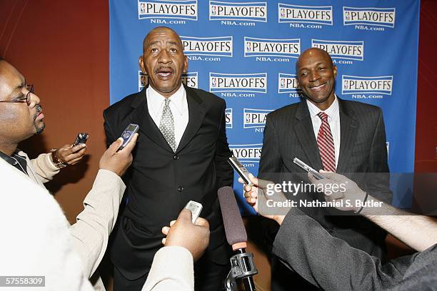 Legends Clyde Drexler and George Gervin talk to the press prior to game five of the Eastern Conference Quarterfinals between the Cleveland Cavaliers...