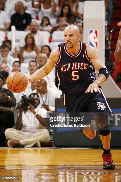 Jason Kidd of the New Jersey Nets dribbles upcourt against the Miami Heat in game one of the Eastern Conference Semifinals during the 2006 NBA...