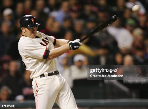 Lance Niekro of the San Francisco Giants hits an RBI-single against the Houston Astros to make it 7-2 in the fifth inning at AT&T Park May 8, 2006 in...