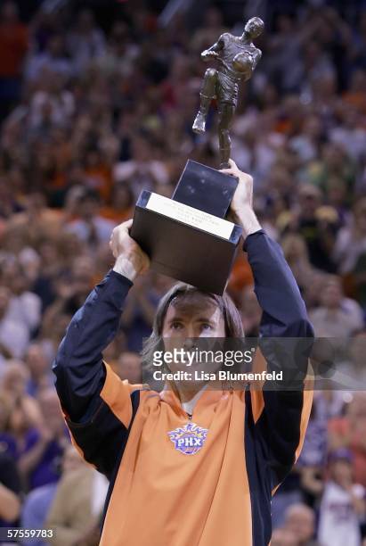 Steve Nash of the Phoenix Suns is presented with the Most Valuable Player trophy before game one of the Western Conference Semifinals against the Los...