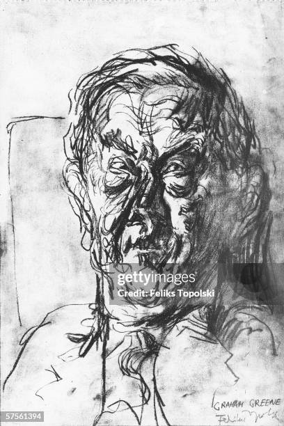 English writer Graham Greene . A sketch by Polish-born British expressionist Feliks Topolski from Topolski's Chronicle Vol X, pub. 1962.