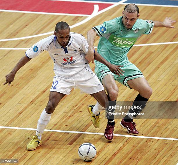 Pele of Dinamo Moscow competes against Schumacher of Boomerang Interviu FS during UEFA Futsal Cup final on May 7, 2006 in Moscow, Russia.