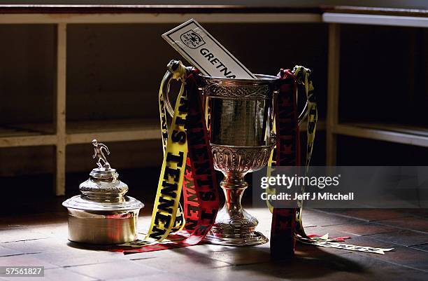 The Tennents Scottish FA Cup is seen in the teams dressing room at Raydale Park on May 9 Gretna, Scotland. Gretna will face Hearts at Hampden Park in...