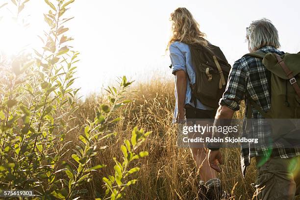 mature man and woman with rucksacks hiking - frau wiese bewegt stock-fotos und bilder