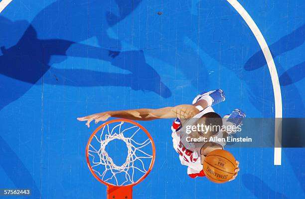 Tayshaun Prince of the Detroit Pistons dunks against the Milwaukee Bucks in game five of the Eastern Conference Quarterfinals during the 2006 NBA...