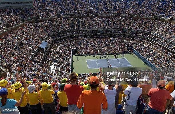 Tennis fans look on during the US Open at the USTA National Tennis Center in Flushing Meadows Corona Park on September 4, 2005 in the Flushing...