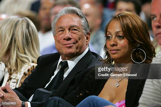 Los Angeles Clippers owner Donald Sterling watches game four of the Western Conference Quarterfinals with LaLa Vasquez , MTV VJ and fiancee of...